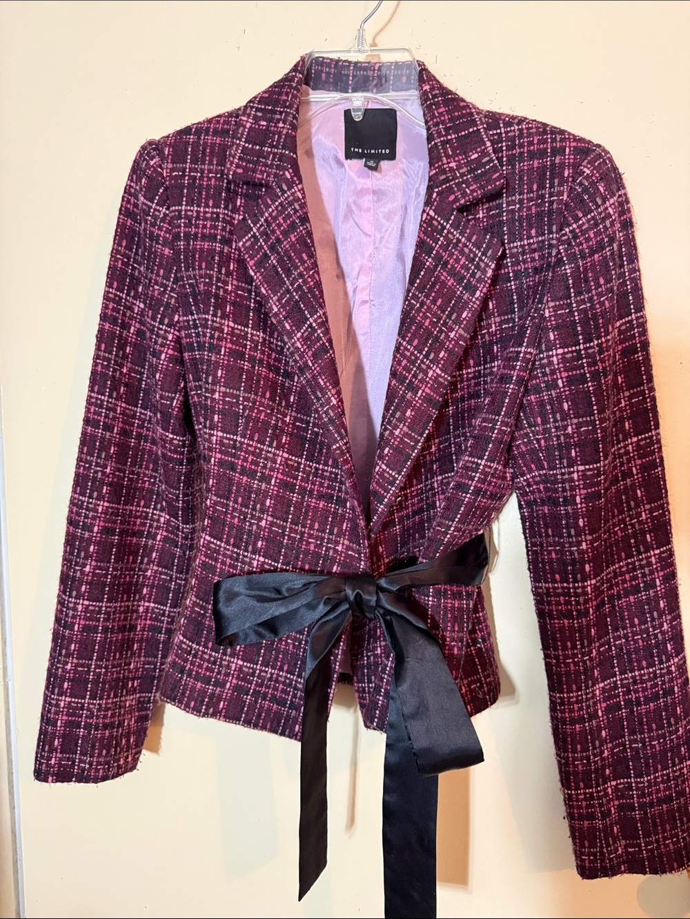 The Limited Vintage Burgundy Plaid Tweed Blazer with Black Sash